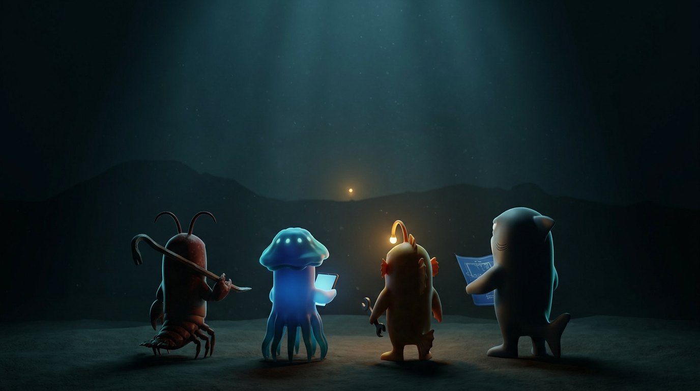 The four Bandits standing on the ocean floor at night, getting ready to go out on a job