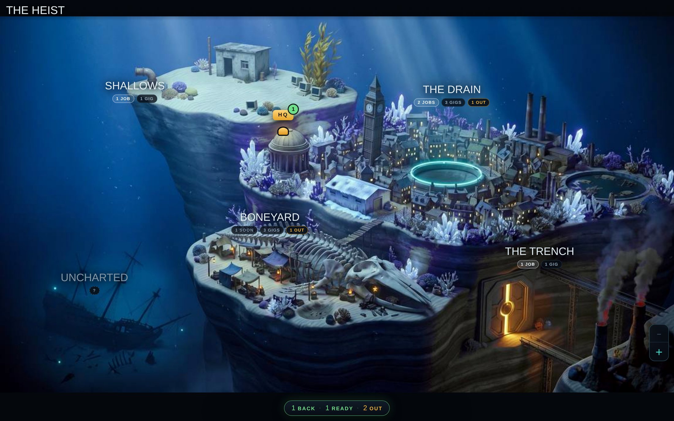 The Heist world map: the Shallows, the Drain, the Boneyard and the Trench